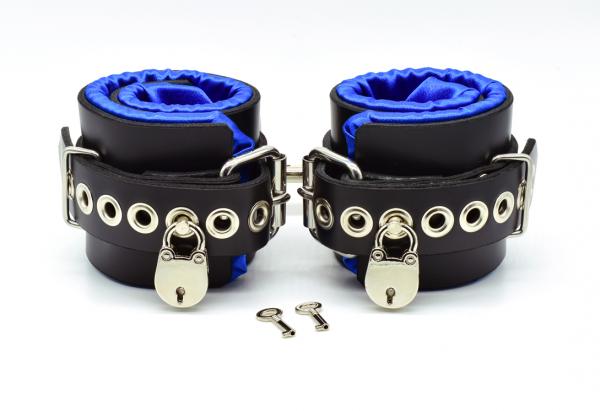 Locking Blue Satin Lined Leather Ankle Bondage Cuffs Sex Toy Product