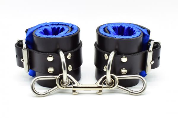 Blue Satin Lined Leather Ankle Bondage Cuffs Sex Toy Product