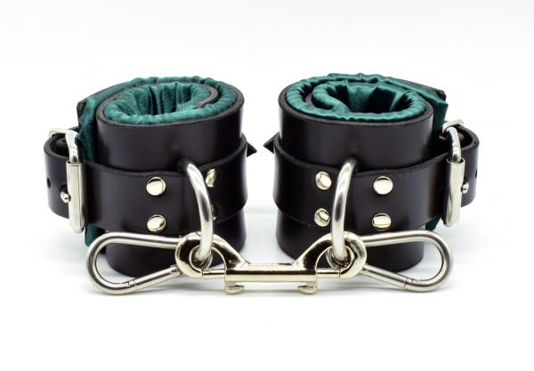 Green Satin Lined Leather Ankle Bondage Cuffs Sex Toy Product