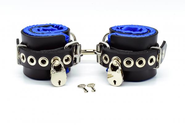 Locking Blue Satin Lined Leather Wrist Bondage Cuffs Sex Toy Product