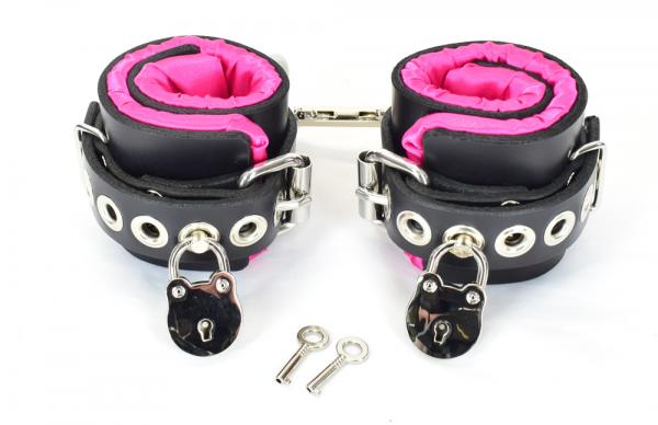 Locking Pink Satin Lined Leather Wrist Bondage Cuffs Sex Toy Product