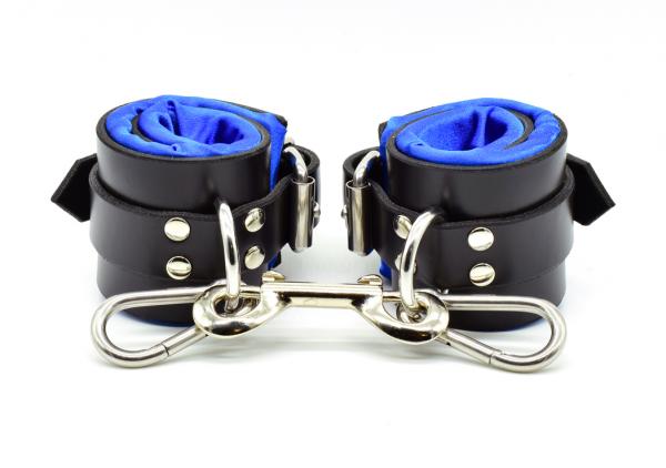 Blue Satin Lined Leather Wrist Bondage Cuffs Sex Toy Product