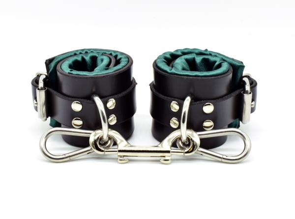 Green Satin Lined Leather Wrist Bondage Cuffs Sex Toy Product