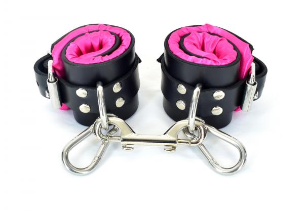 Pink Satin Lined Leather Wrist Bondage Cuffs Sex Toy Product