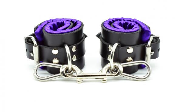 Purple Satin Lined Leather Wrist Bondage Cuffs Sex Toy Product