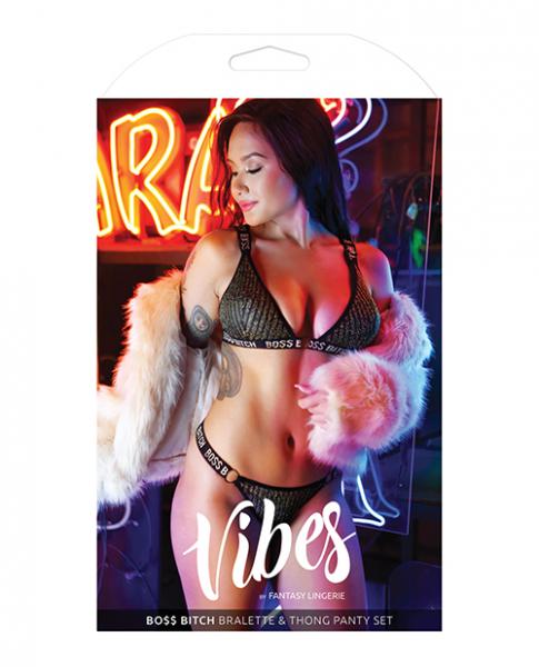 Vibes Boss Bitch Bralette & Thong Panty Black Gold M/L Sex Toy Product