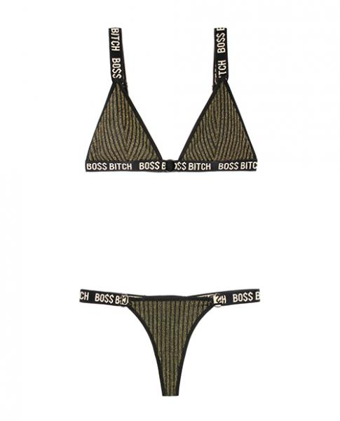 Vibes Boss Bitch Bralette & Thong Panty Black Gold S/M Sex Toy Product
