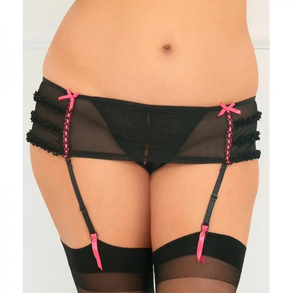 Crotchless Mesh Skirted Thong, Garters Black 3X/4X Sex Toy Product