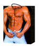 Man w/condom in unzipped bluejeans gift bag