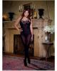 Opaque open crotch halter bodystocking w/stretch lace inset and low back black qn