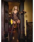Fishnet long sleeve thong back teddy bodystocking w/scalloped lace bra and attche stkings black o/s