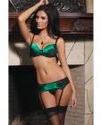 Bra w/adjustable straps, garter belt and g-string green/black md
