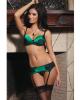 Bra w/adjustable straps, garter belt and g-string green/black sm