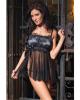 Mesh side slit babydoll w/lace over satin top and g-string silver/black o/s