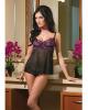 Scalloped stretch lace and mesh babydoll w/adjustable straps and g-string black/fuchsia md