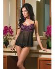 Scalloped stretch lace and mesh babydoll w/adjustable straps and g-string black/fuchsia sm
