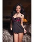 Satin and mesh babydoll w/adjustable straps, hook and eye closure and g-string fuchsia/black lg