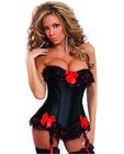 Strapless burlesque corset w/ruffle and bow accents, removable garters and g-sting black medium