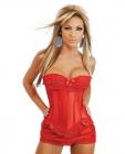 Burlesque strapless corset w/hidden hook and eye closure, lace up back, thong and skirt red sm