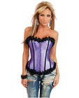Strapless burlesque corset w/ruffles, front busk closure, lace up back and thong purple sm