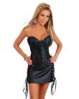 Strapless leather corset w/front busk closure, lace up back, thong and leather skirt black md