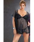 Embroidered lace babydoll w/tulip cuff sleeve coat and sheer thong black 3x