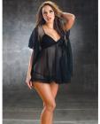 Embroidered lace babydoll w/tulip cuff sleeve coat and sheer thong black sm