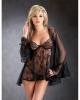 Embroidered lace babydoll w/tulip cuff sleeve coat and thong black 1x