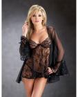 Embroidered lace babydoll w/tulip cuff sleeve coat and thong black sm
