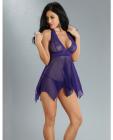 Mesh and lace halter tie neck babydoll and g-string midnight purple sm