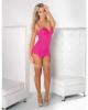 Mesh Cinched Bustier w/Garters, G-String and Nude Hose Neon Pink LG