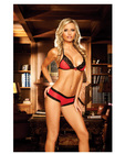 Mesh bra w/lace trim and booty shorts w/keyhole back red o/s
