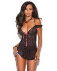 Off the Shoulder Mesh Polka Dot Babydoll w/G-String Black SM