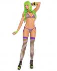 Vivace Striped String Bra, Tie Side Thong and Matching Stockings Neon Purple/Neon Green O/S