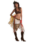3 pc steampunk showgirl top, skirt w/attached belt and sheer netting& pantaloons brown o/s