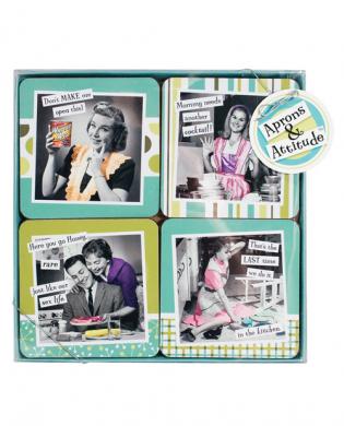 Aprons and attitudes coaster set - asst. sayings box of 4