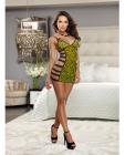 Stretch Mesh Chemise w/Contrast Lace Open Sided Strap Detail and Thong Lime/Black Leopard O/S