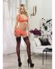 Stretch lace w/spandex bralette, garter skirt w/removable garters and thong coral o/s