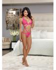 Scalloped lace triangle cup thong teddy w/strap detail and adjustable shoulder straps hot pink o/s
