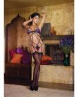 Stretch mesh w/spandex strappy thong back teddy w/adjustable and removable garter straps plum o/s