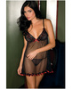Rene rofe mesh babydoll w/floral applique and g-string black o/s