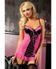 Hanging lace and lame chemise, underwire cups, front lace up, removable garters and thong pink lg