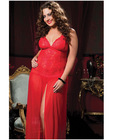 Hanging floor length mesh gown, lace front, center slit and thong red 1x-2x