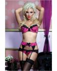 Hanging valentines naughty print underwire bra, panty and high-waisted garter pink sm