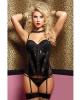 Hanging floral lace and lame bustier w/removable garters and thong black sm