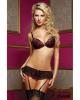 Hanging floral lace and mesh bra, garter belt and panty set black/red lg