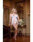 Sheer mesh open front babydoll w/sequin trim and matching thong white qn