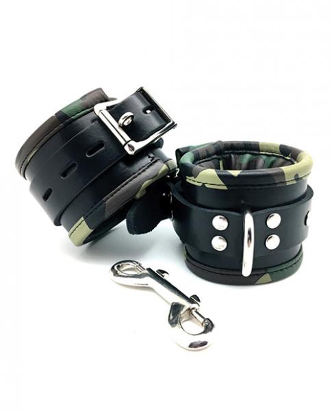 Sensual Sin Leather Padded Wrist Cuffs Camo Piping Sex Toy Product