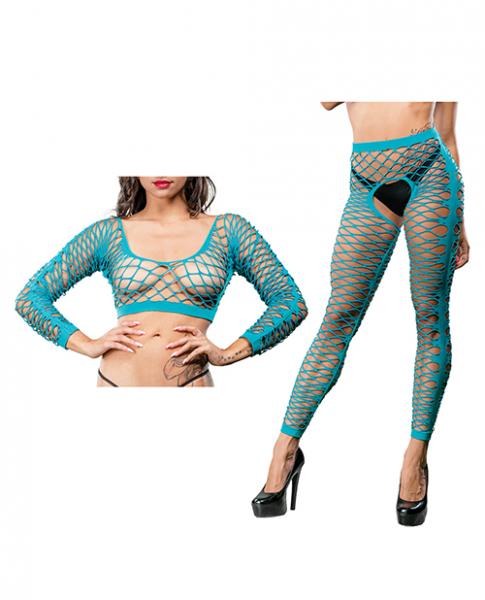Beverly Hills Naughty Girl Crotchless Front Mesh & Side Design Leggings Turquoise O/s Sex Toy Product
