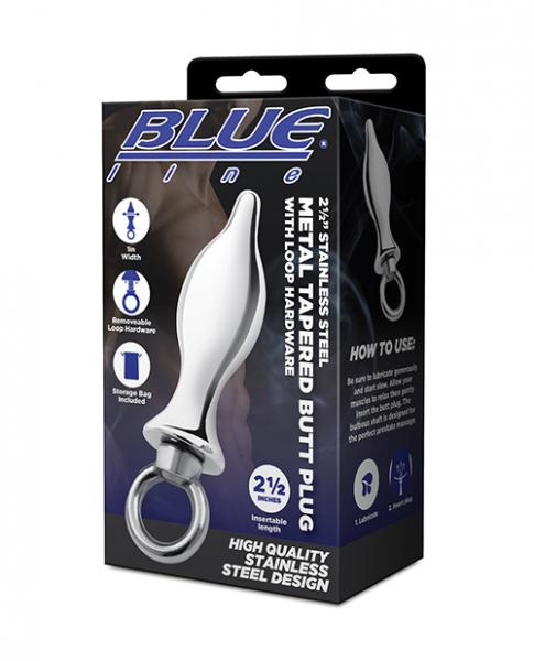 Blue Line 2.5" Stainless Steel Metal Tapered Butt Plug With Loop Hardware Sex Toy Product